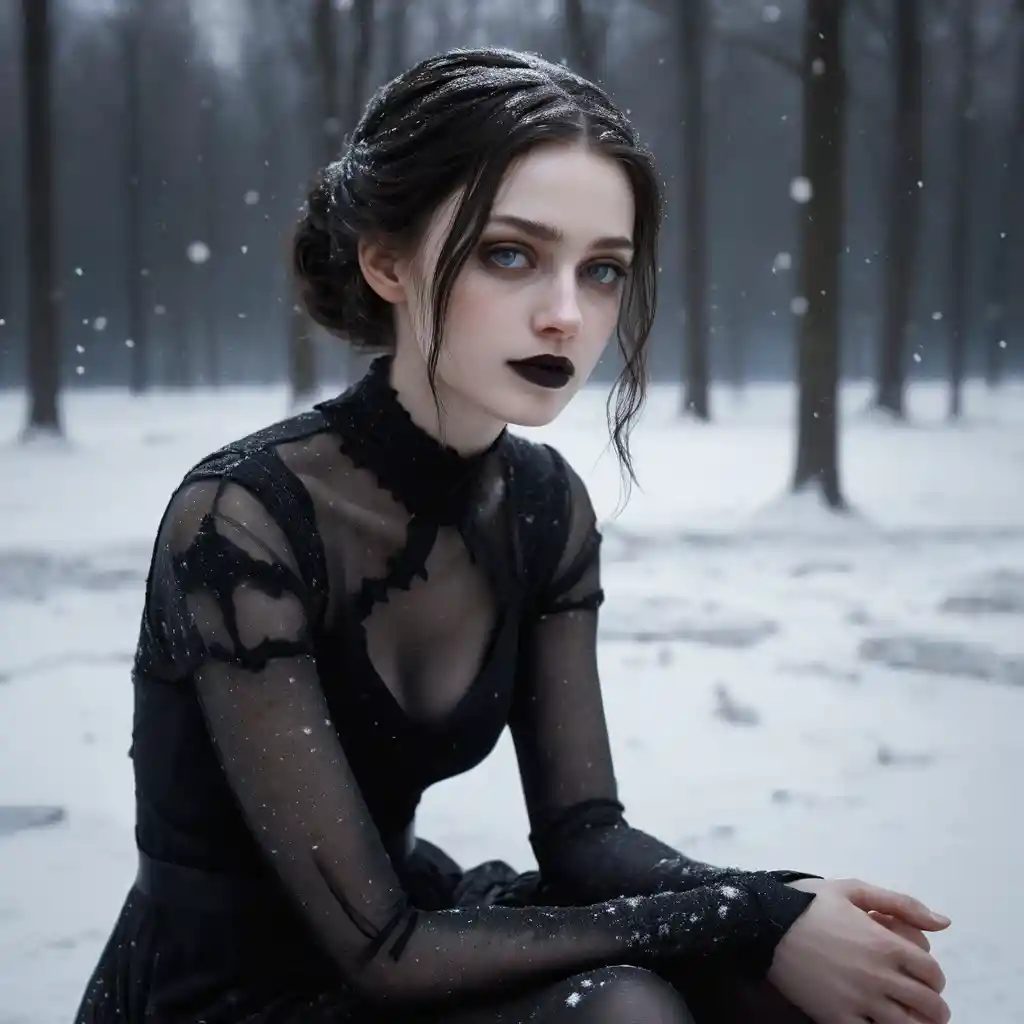 Goth woman sitting nude in a snowy night landscape