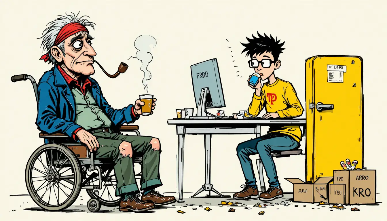Humorous cartoon man in wheelchair beside computer desk