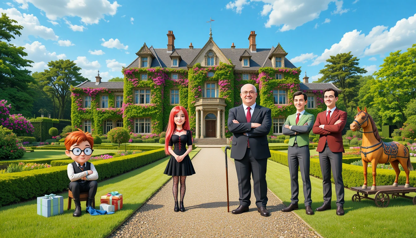 Personnages de dessin animé réunis devant un manoir couvert de lierre