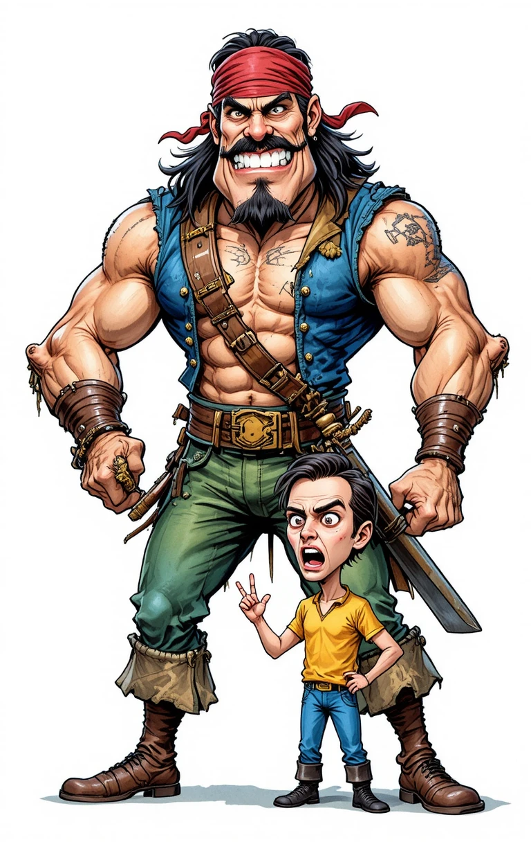Cartoon pirate towering over nervous man on white background