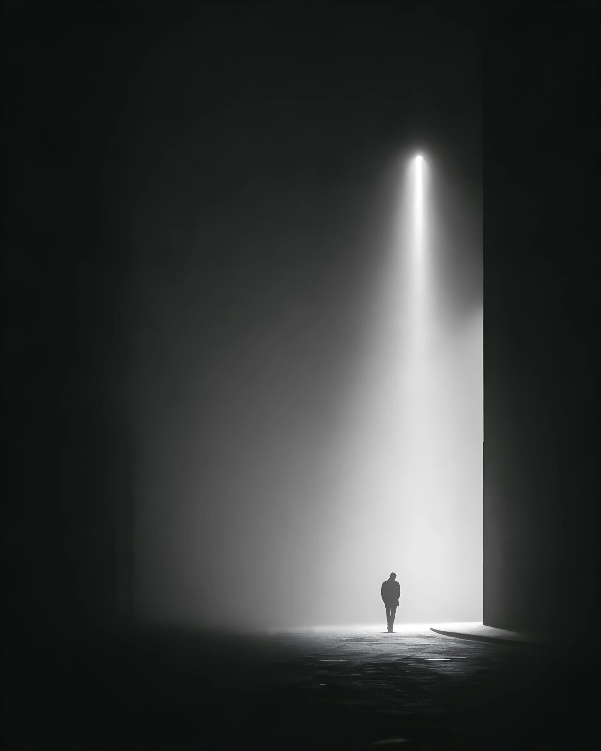 Silhouette solitaire dans une lumière noir dure sur une rue urbaine brumeuse