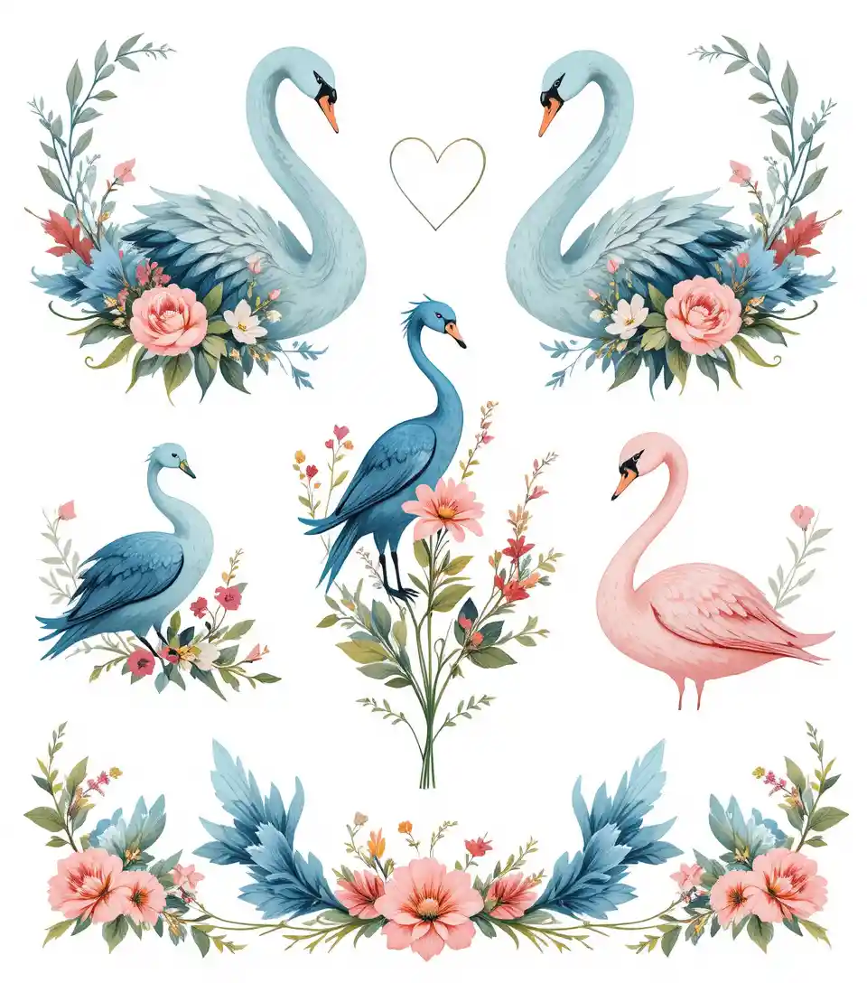 Stylized swan and bird motifs with floral vector ornaments
