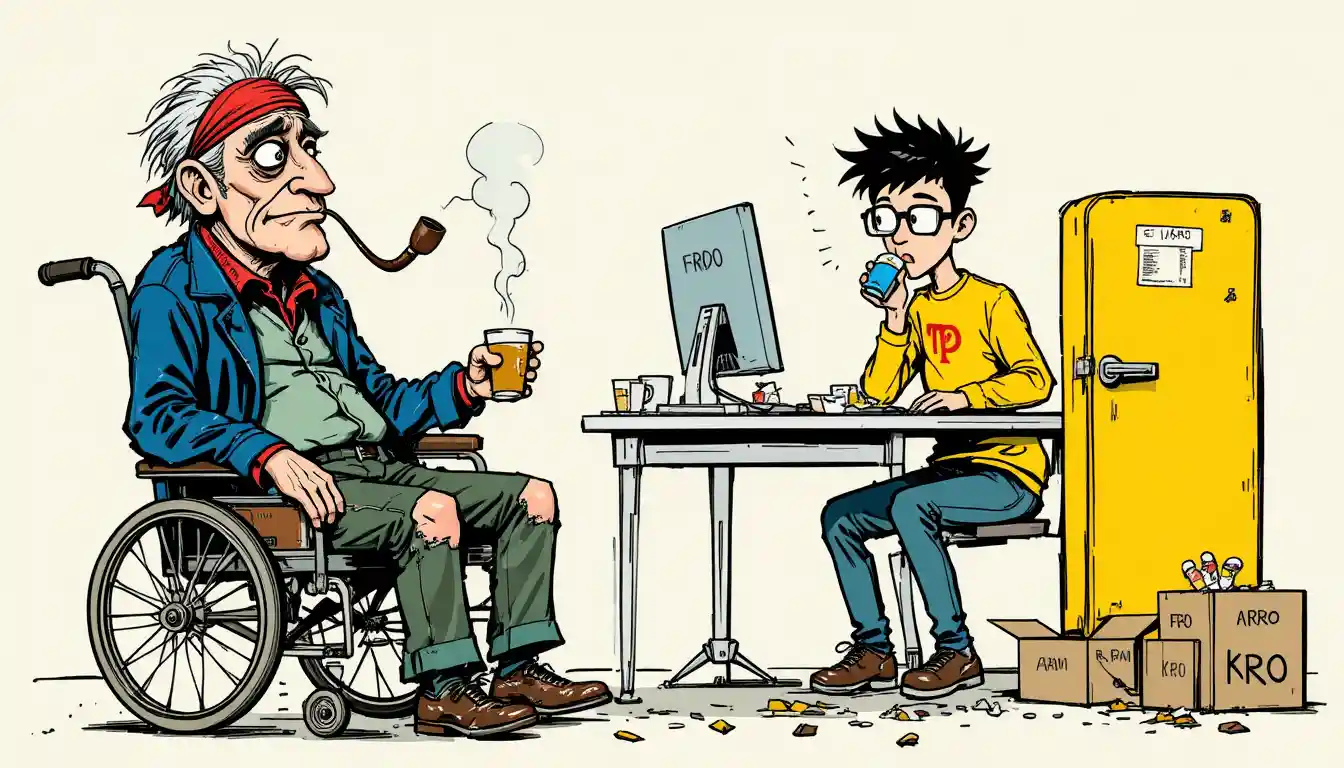 Humorous cartoon man in wheelchair beside computer desk