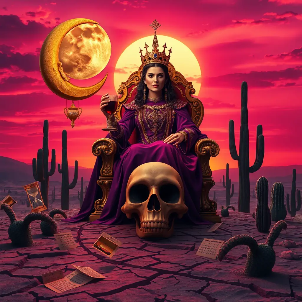 Gothic queen on a golden throne in surreal desert twilight