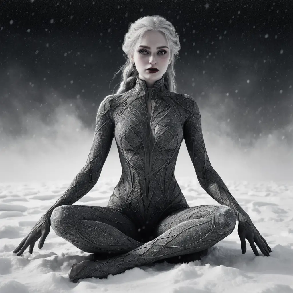 Goth woman sitting nude in a snowy night landscape
