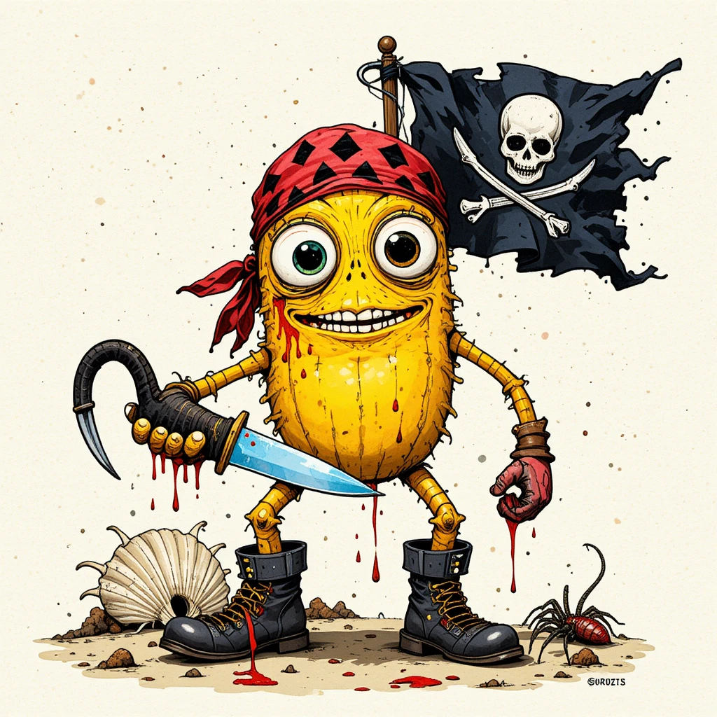 Cartoon-Piratenkreatur mit Hakenhand und zerfetzter Flagge