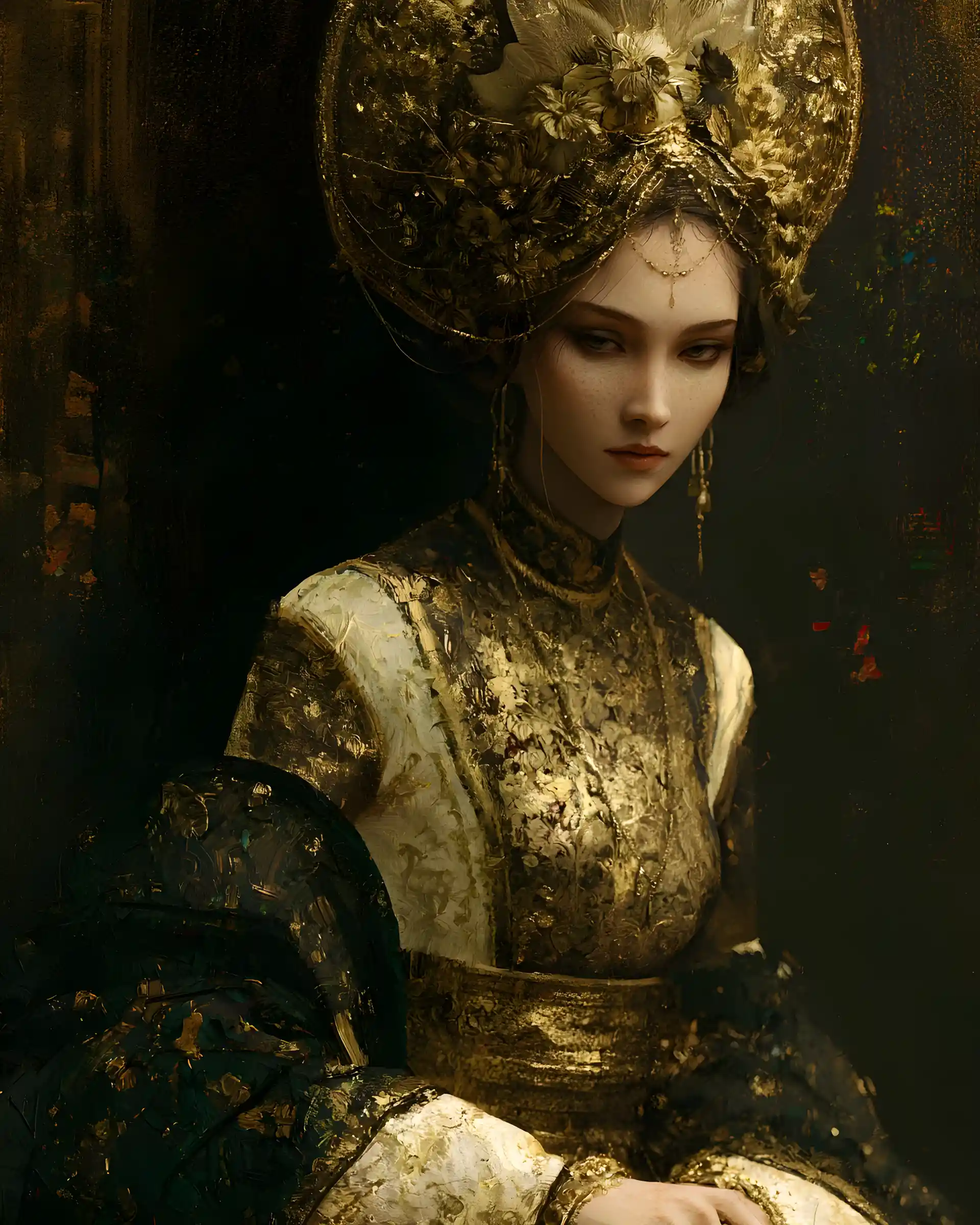 Mysterious princess in dark golden attire with secretive gaze