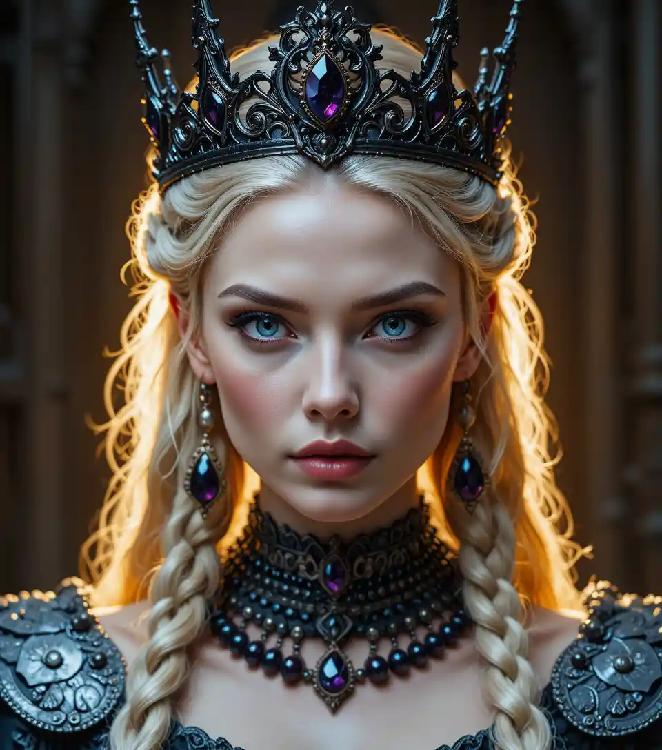 Intense crowned blonde woman in regal close up portrait