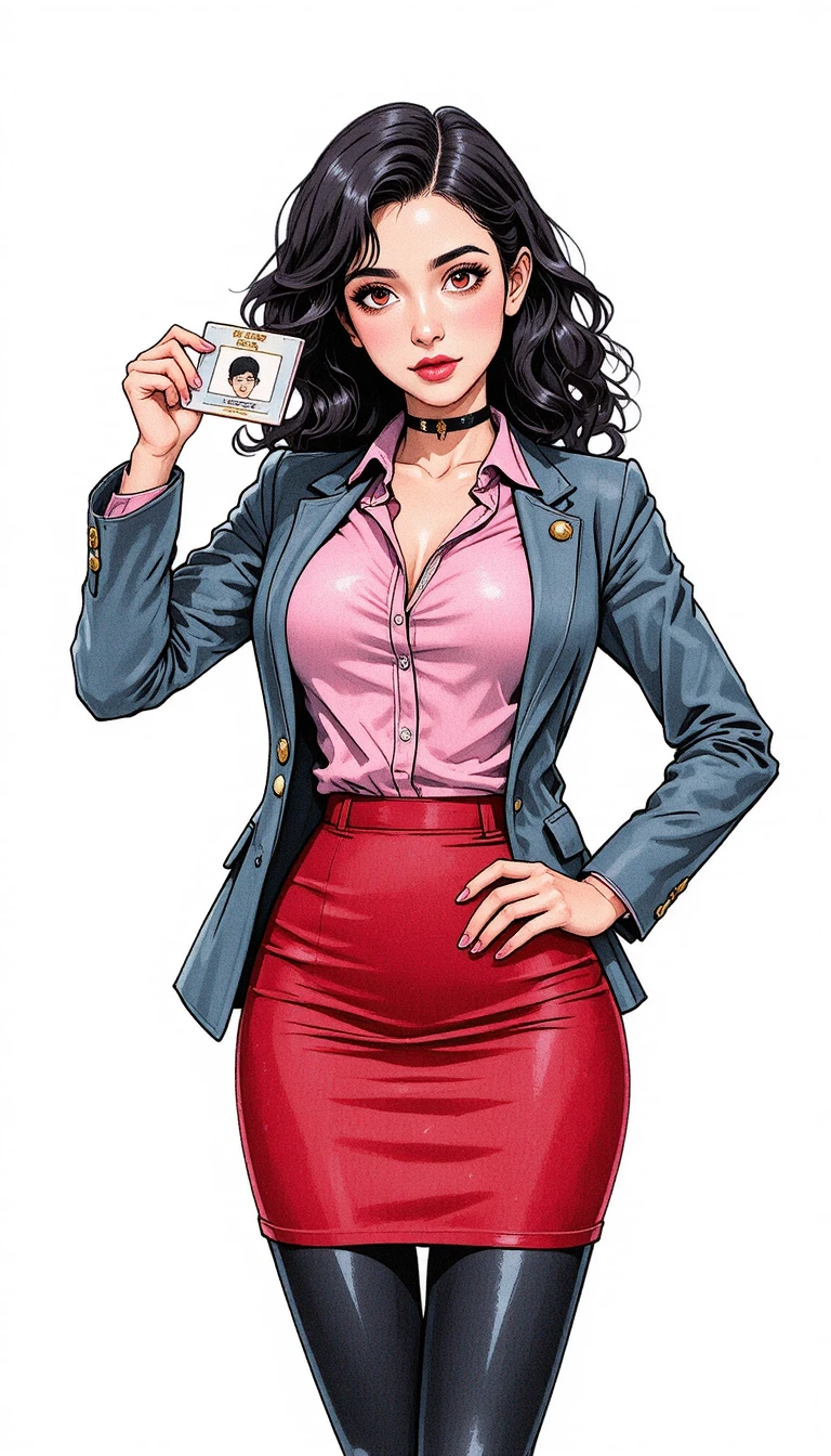 Mujer segura mostrando credencial en ilustración estilo cómic