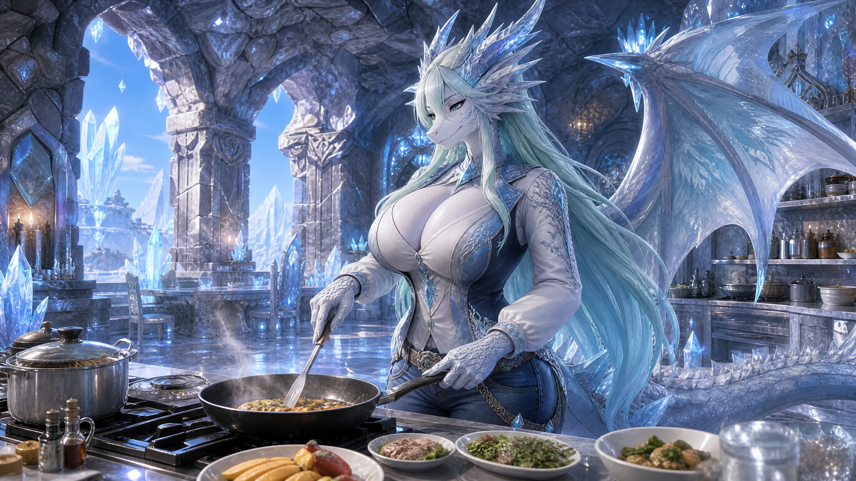Winged fantasy woman cooking lunch in crystal cavern kitchen