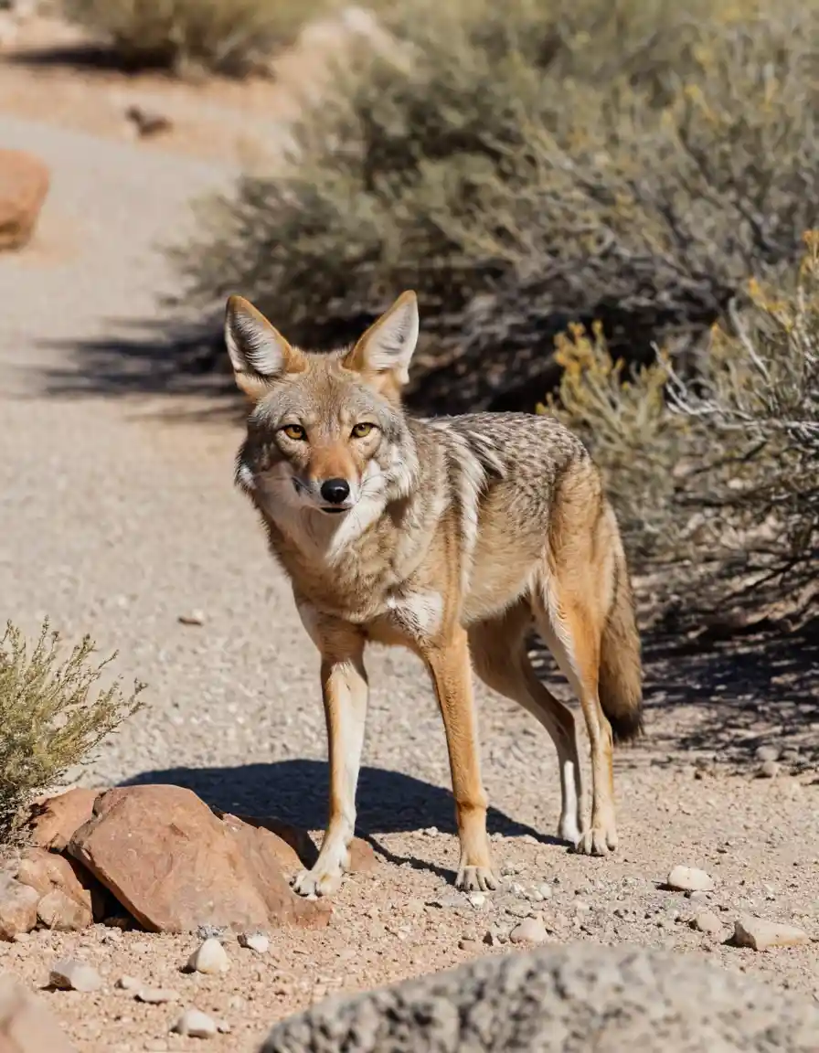 Coyote poised to strike in a rocky desert scene