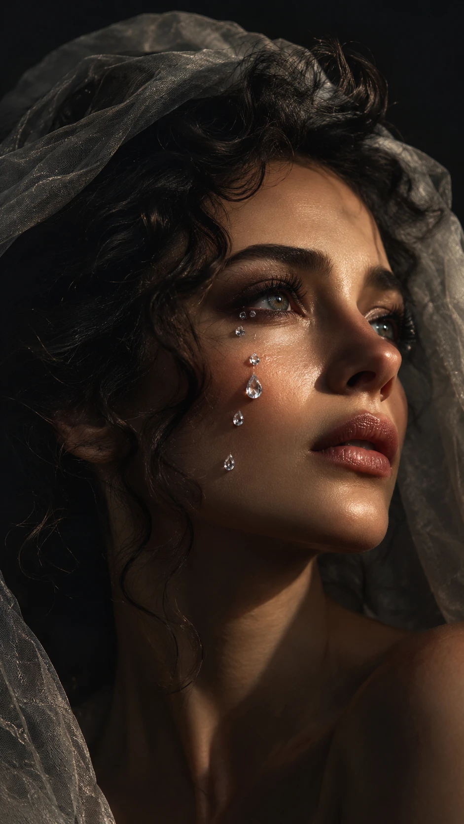 Cinematic portrait of a veiled woman with diamond tears