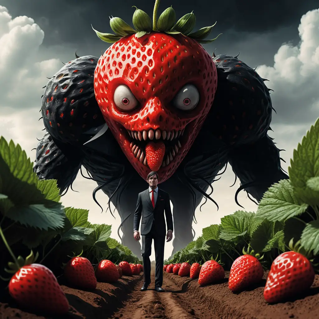 Giant monstrous strawberry towering over man on farm path
