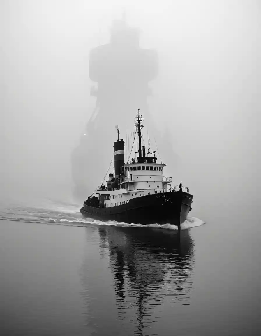 Silhouette d’un remorqueur tirant un paquebot à travers un épais brouillard