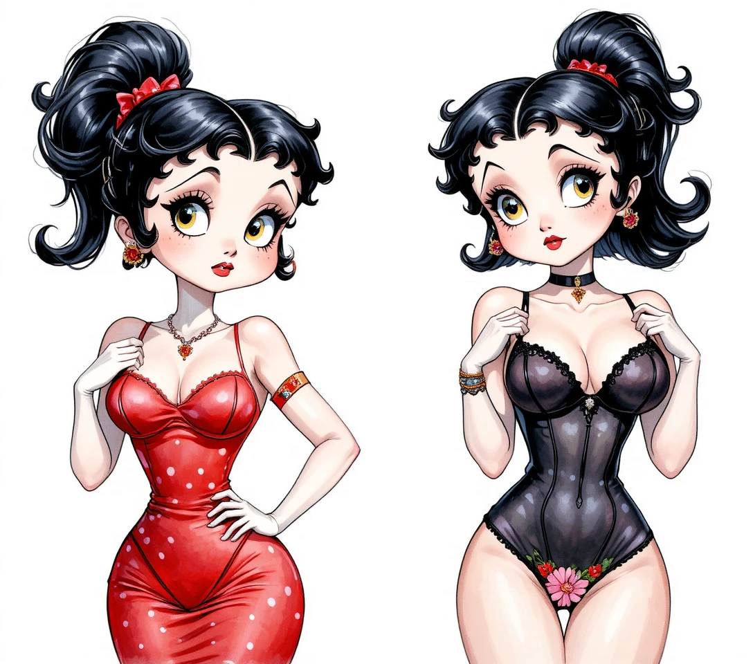Stylized cartoon girl in two contrasting vintage dresses