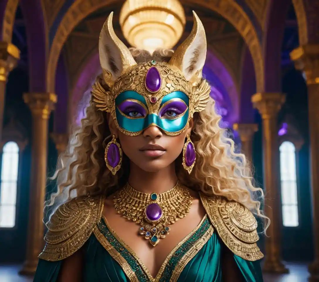 Masked divine woman in a cosmic egyptian hall