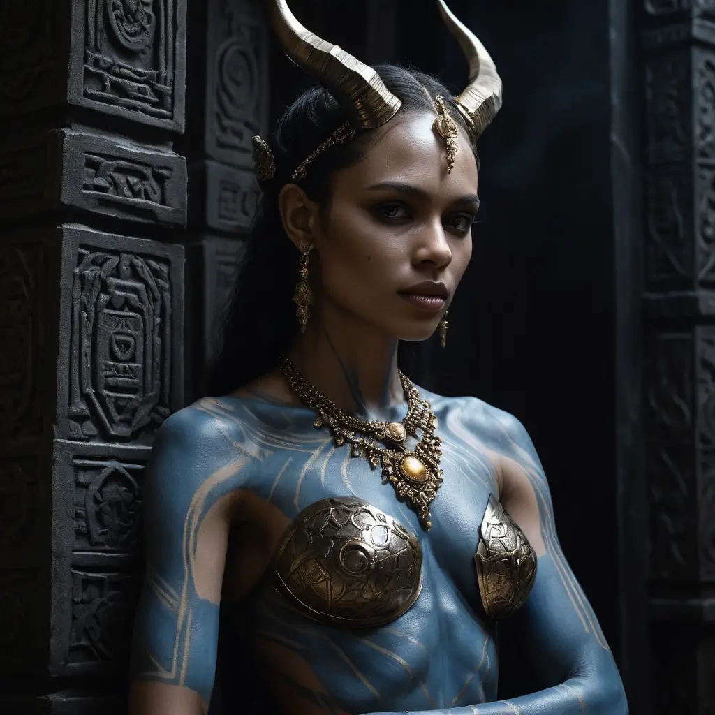 Cybernetic demon woman in shadows of an ancient temple