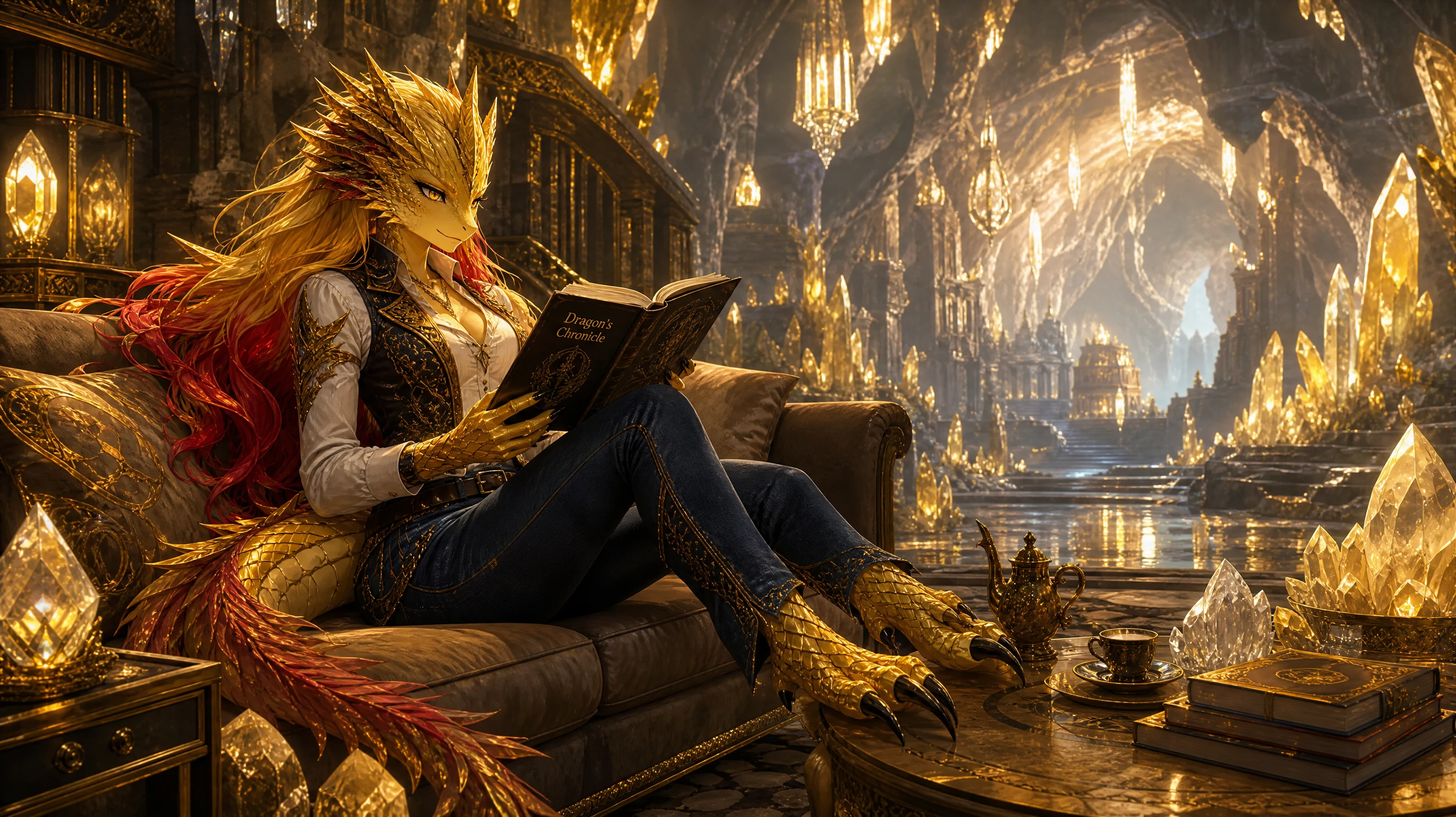 Anthro dragon reading on a couch in a crystal cave