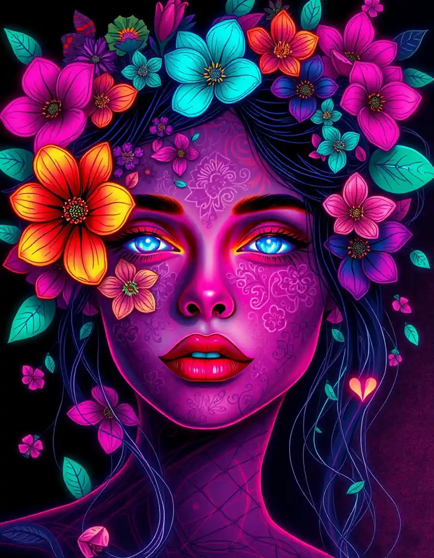 Retrato floral surrealista de una mujer con ojos brillantes