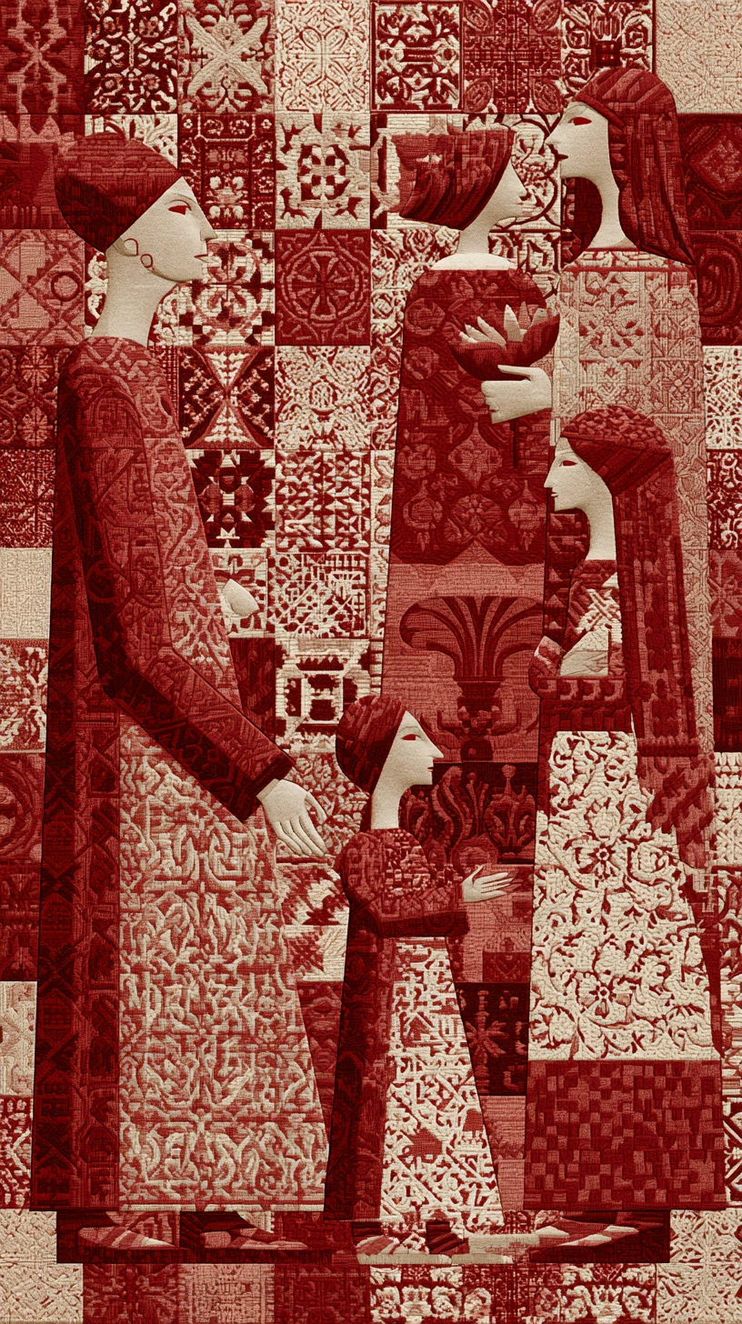 Flat geometric figures emerging from dense decorative patterns
