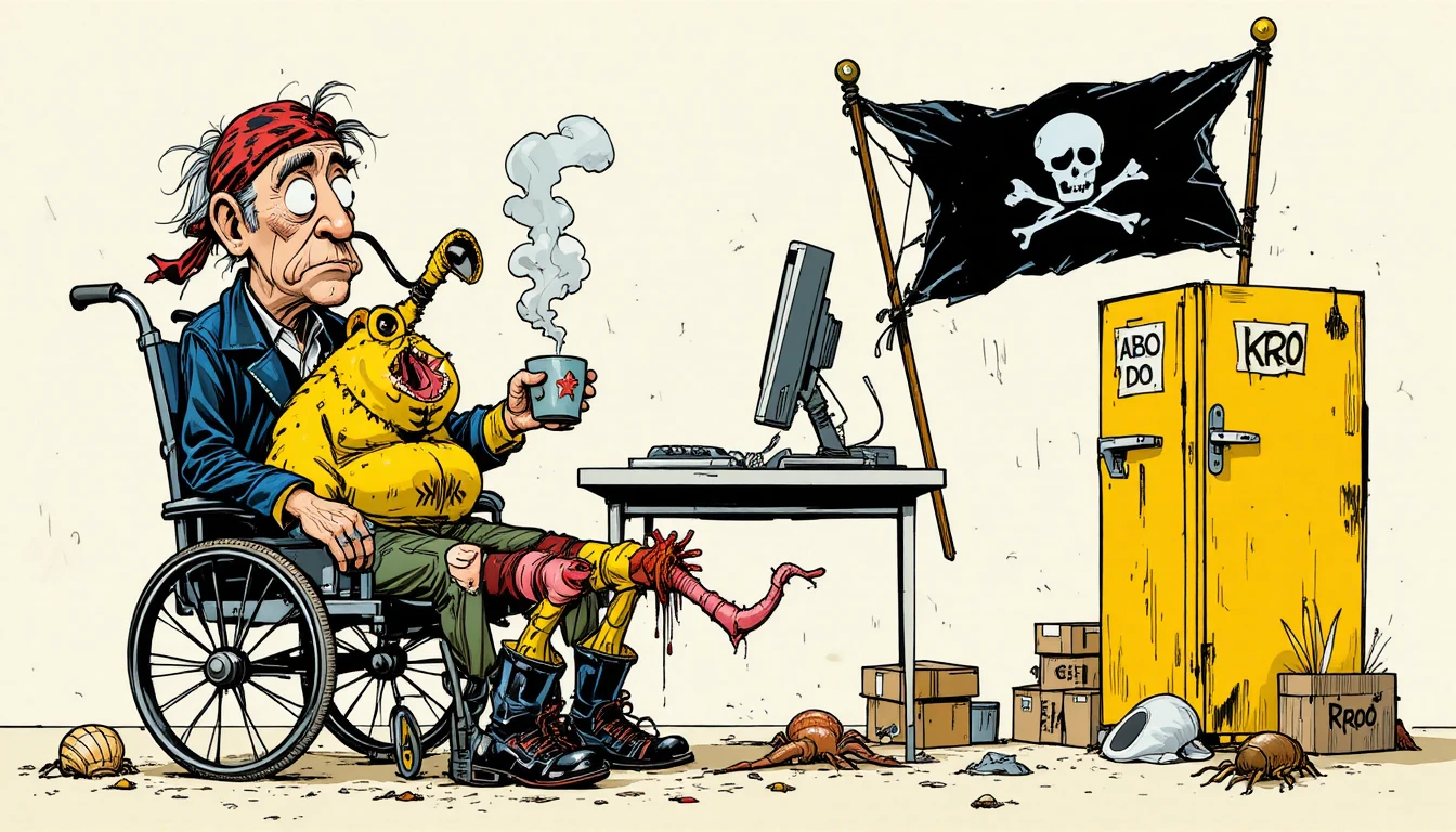 Gritty cartoon man in wheelchair beside messy computer desk