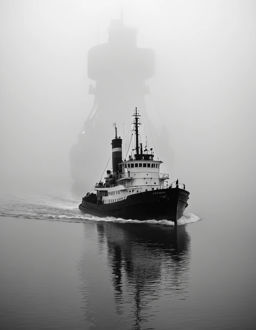 Tugboat Silhouette Towing Ocean Liner Through Dense Fog