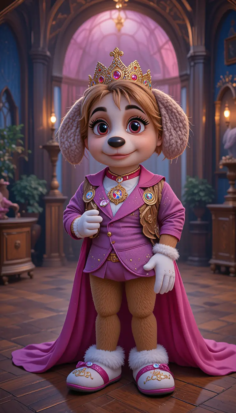 Dog princess mascot standing in a cinematic widescreen park scene