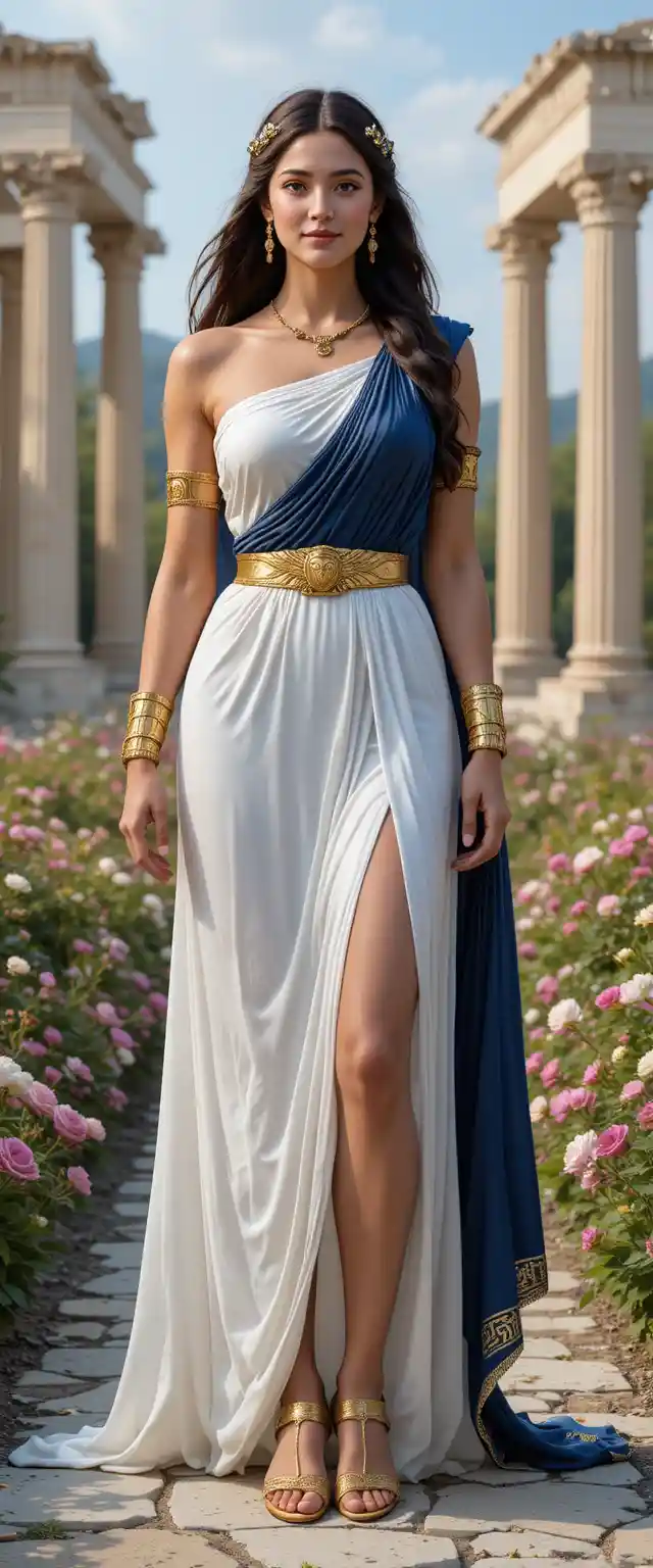 Elegante dea greca in un giardino di templi fiorito