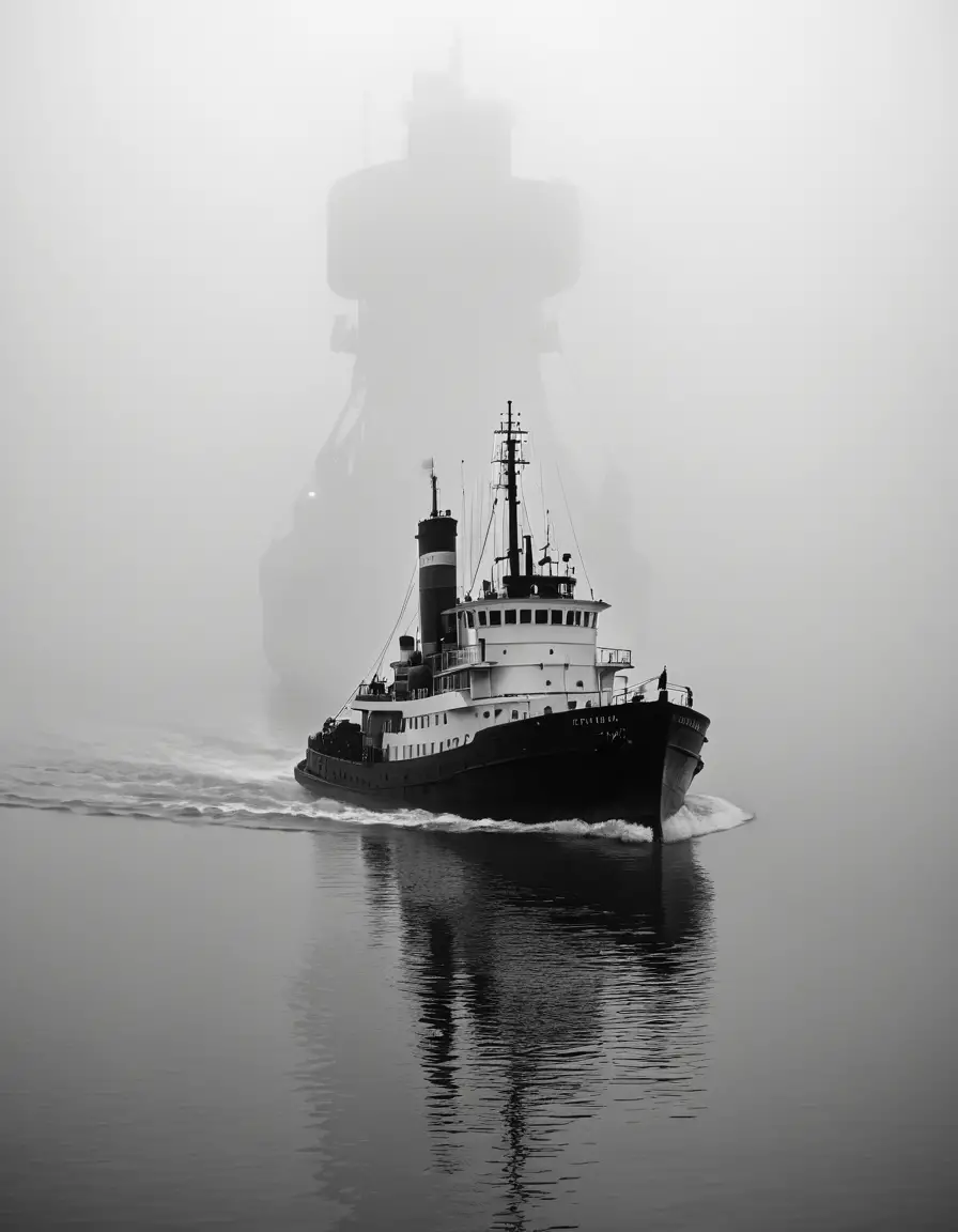 Silhouette d’un remorqueur tirant un paquebot à travers un épais brouillard