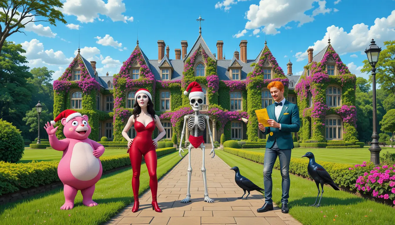 Manoir couvert de lierre avec des personnages festifs dans le jardin