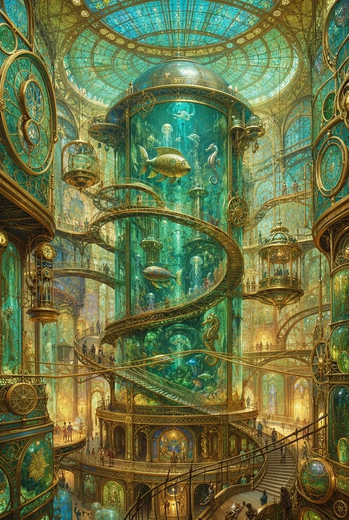 Vast steampunk cathedral built around a towering aquarium