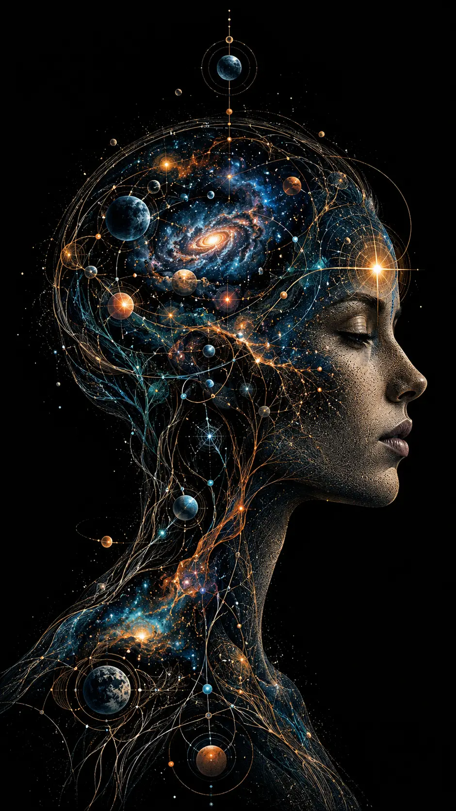 Perfil cósmico surreal de una mente celestial andrógina