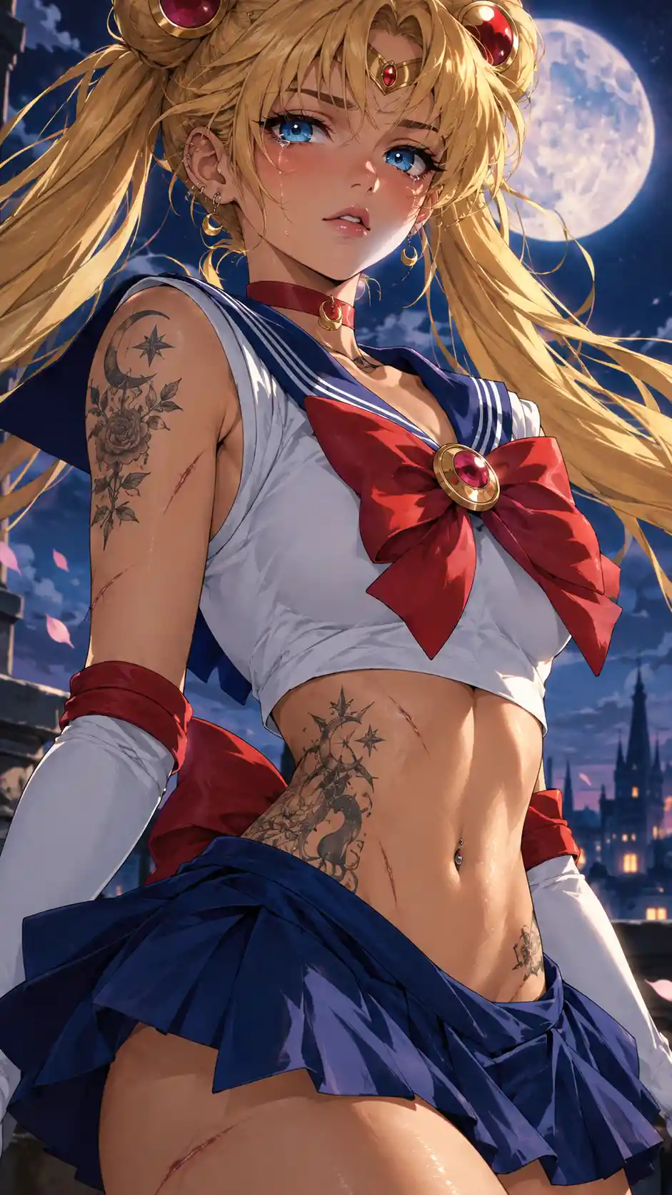 Anime heroine with blue eyes and resilient tattooed body
