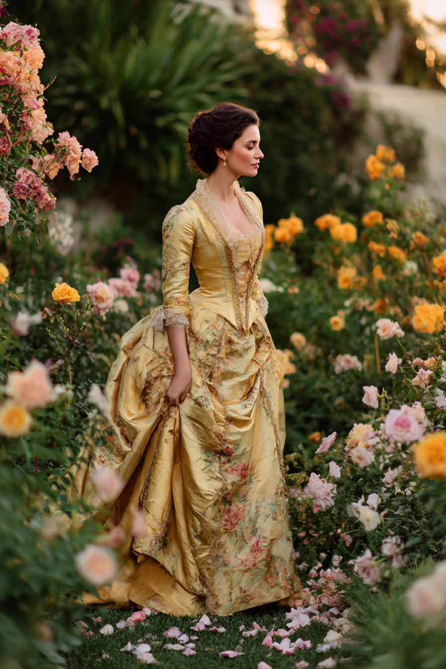 Elegant baroque woman walking through an evening flower garden