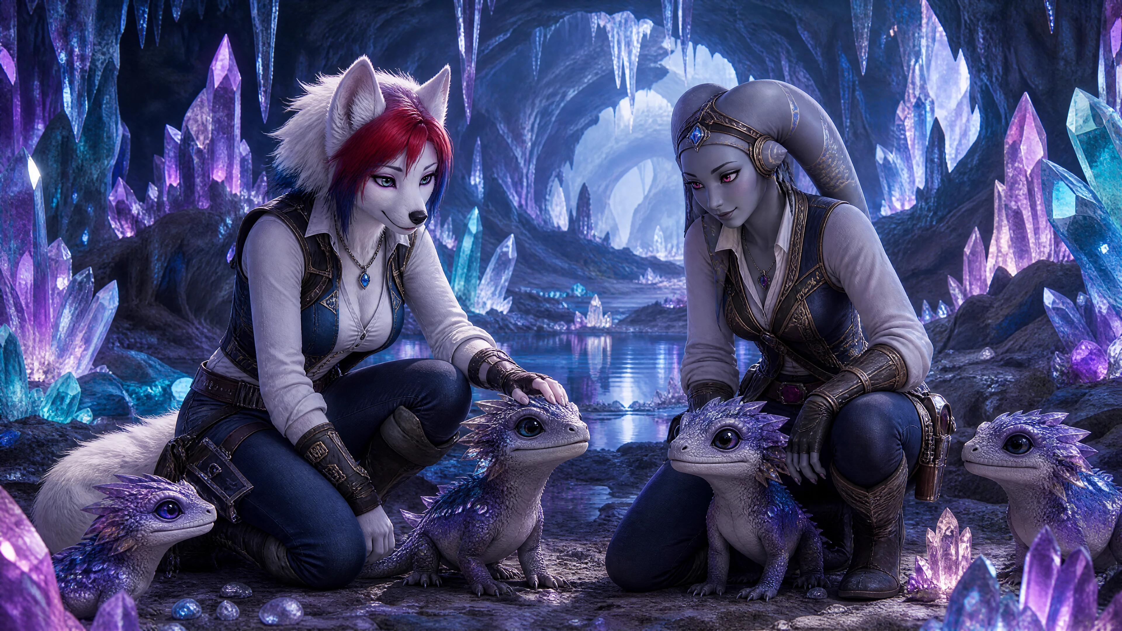 Two fantasy wives gently petting a cute cave lizard
