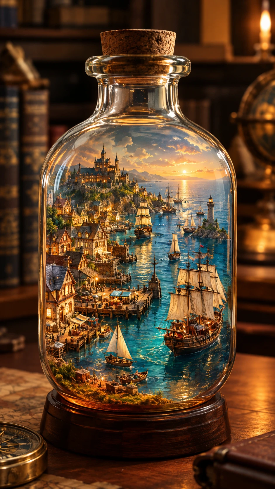 Miniature harbor world glowing inside an antique glass bottle