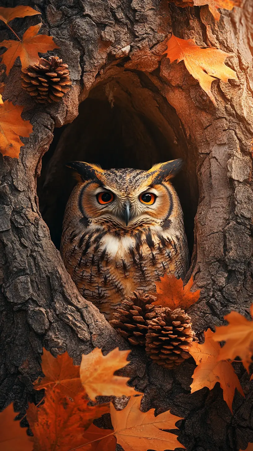 Chouette se reposant dans un creux d’arbre au chaud coucher de soleil d’automne