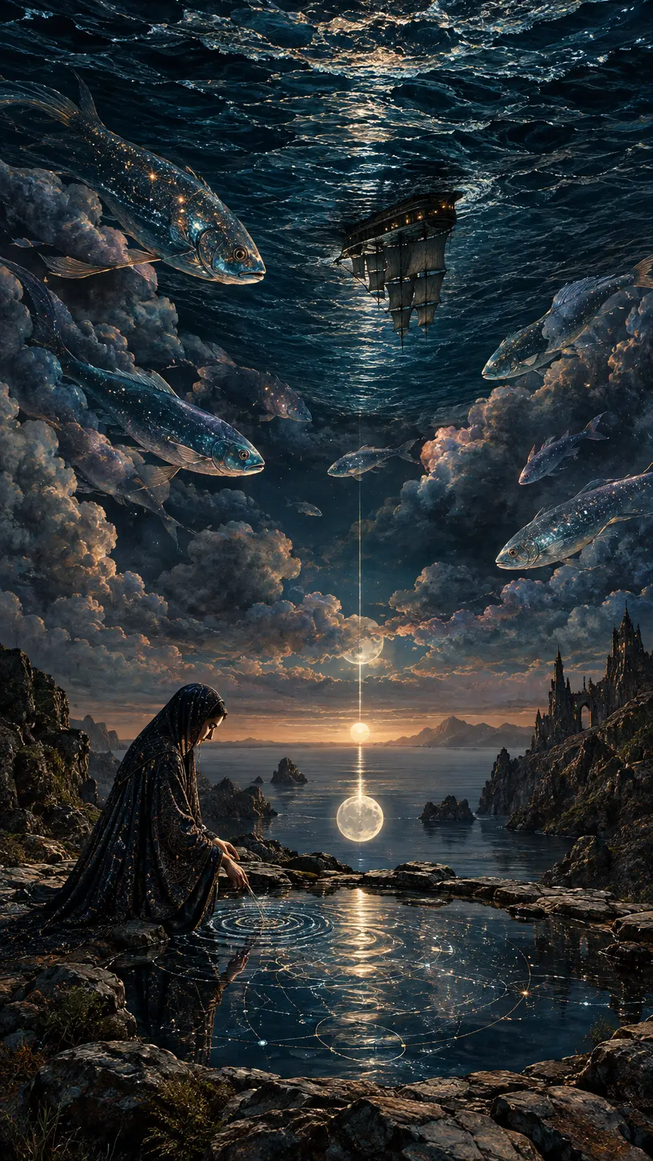 Oracle beneath an upside down ocean in the night sky