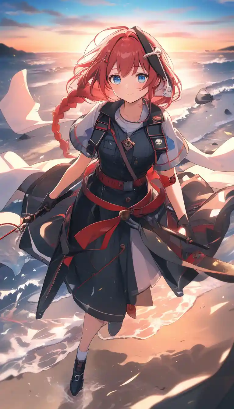 Anime-Mädchen nähert sich einem alten Steinkreistempel bei Sonnenuntergang