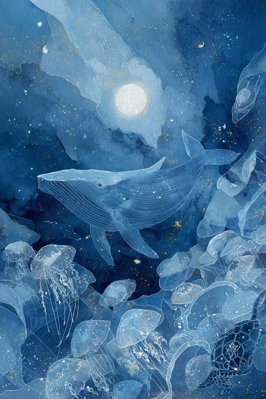 Baleine Rêveuse en Double Exposition dans un Ciel Nocturne Céleste