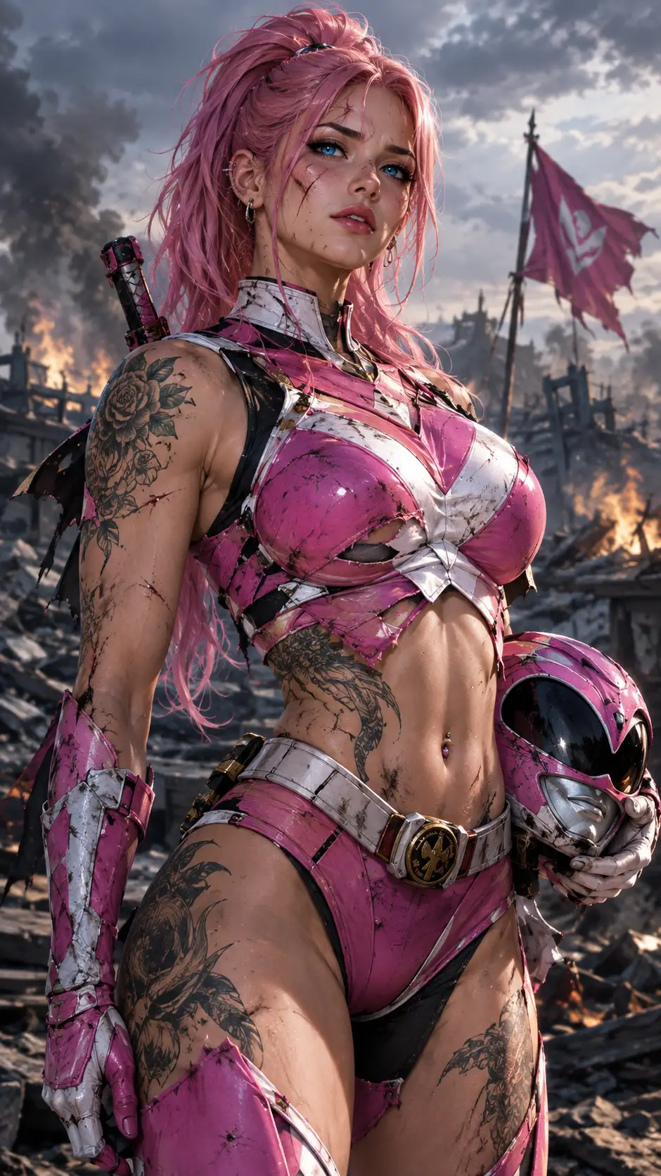 Pink armored heroine standing strong on ruined battlefield
