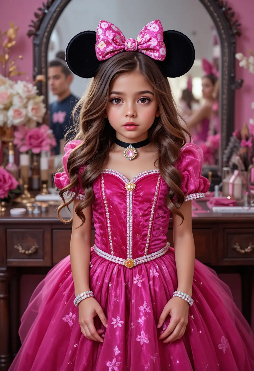 Nervous tween boy in princess costume at pink vanity