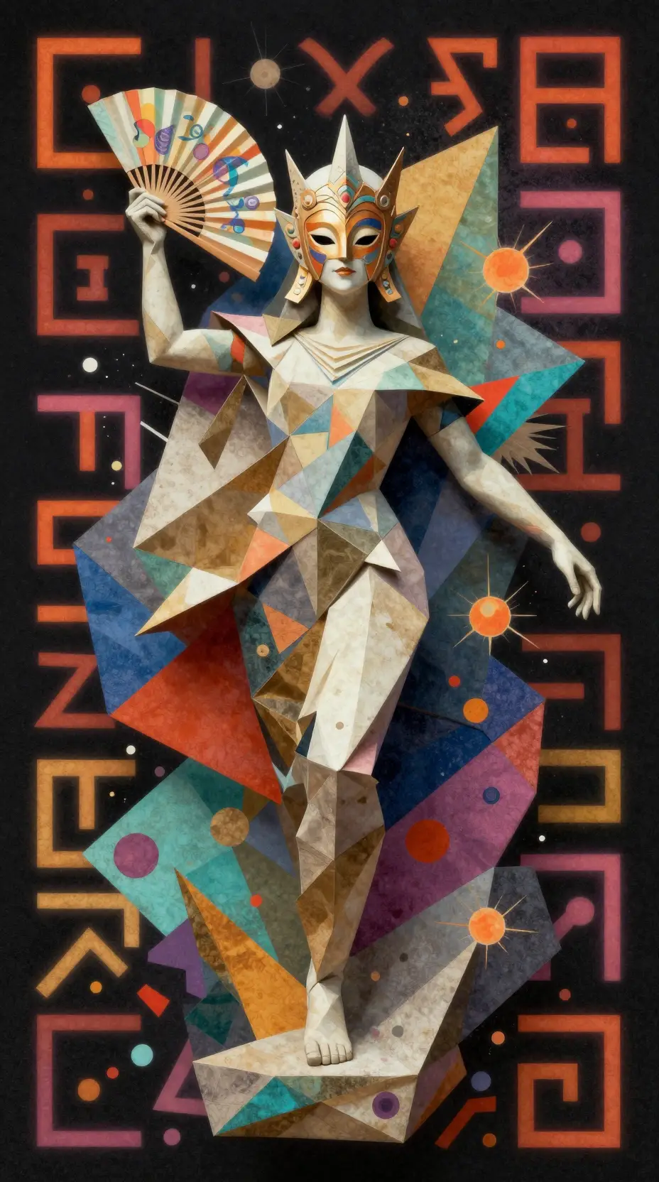 Figura de escultura de origami con máscara y abanico en movimiento