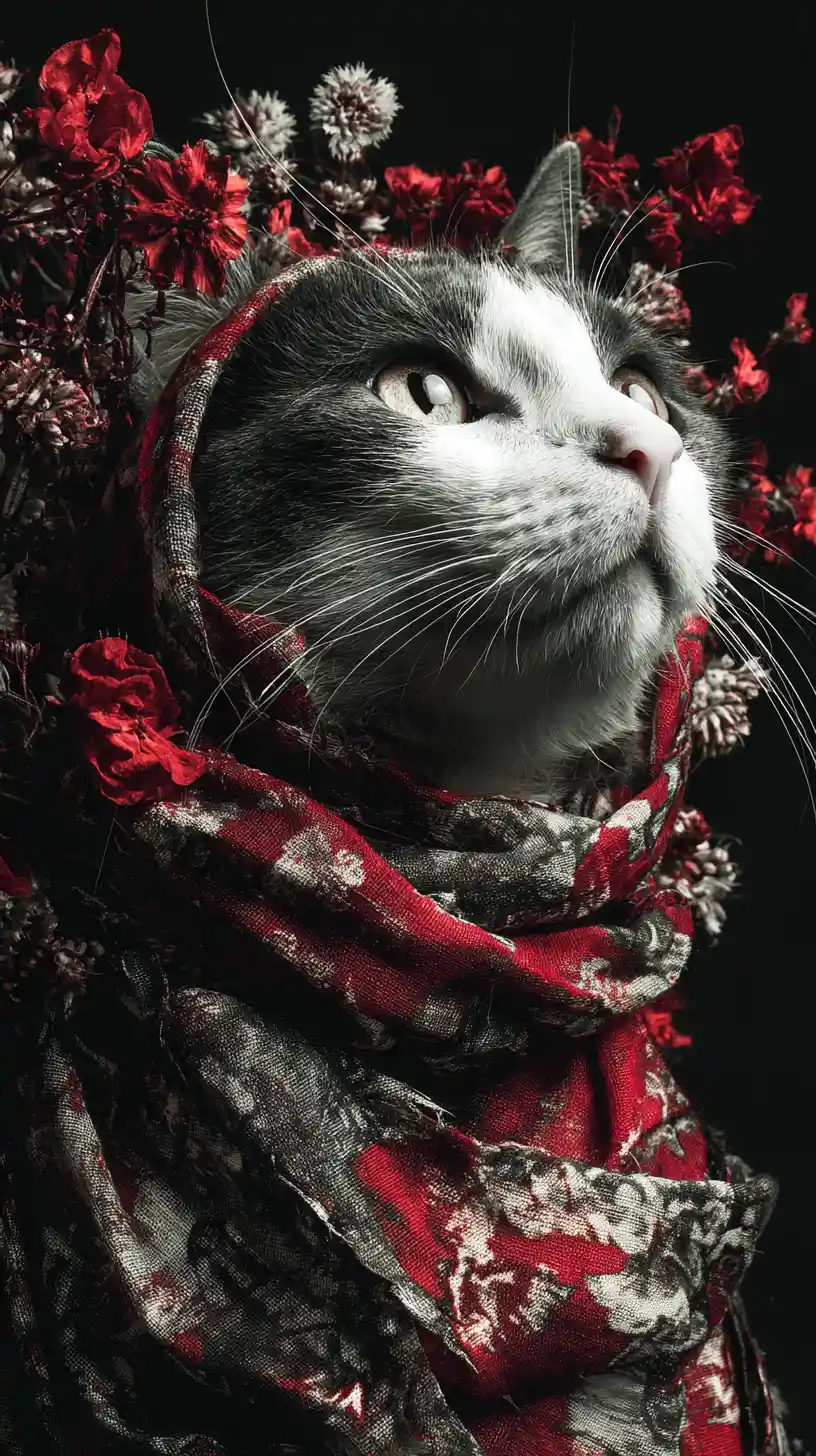 Chat rouge et blanc avec foulard en soie et fleurs