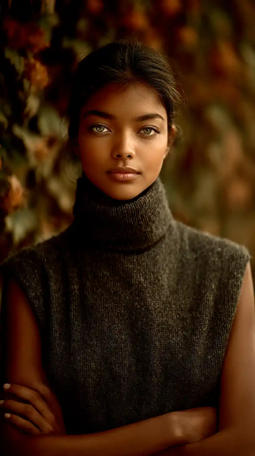 Elegant woman in turtleneck with floral wall background