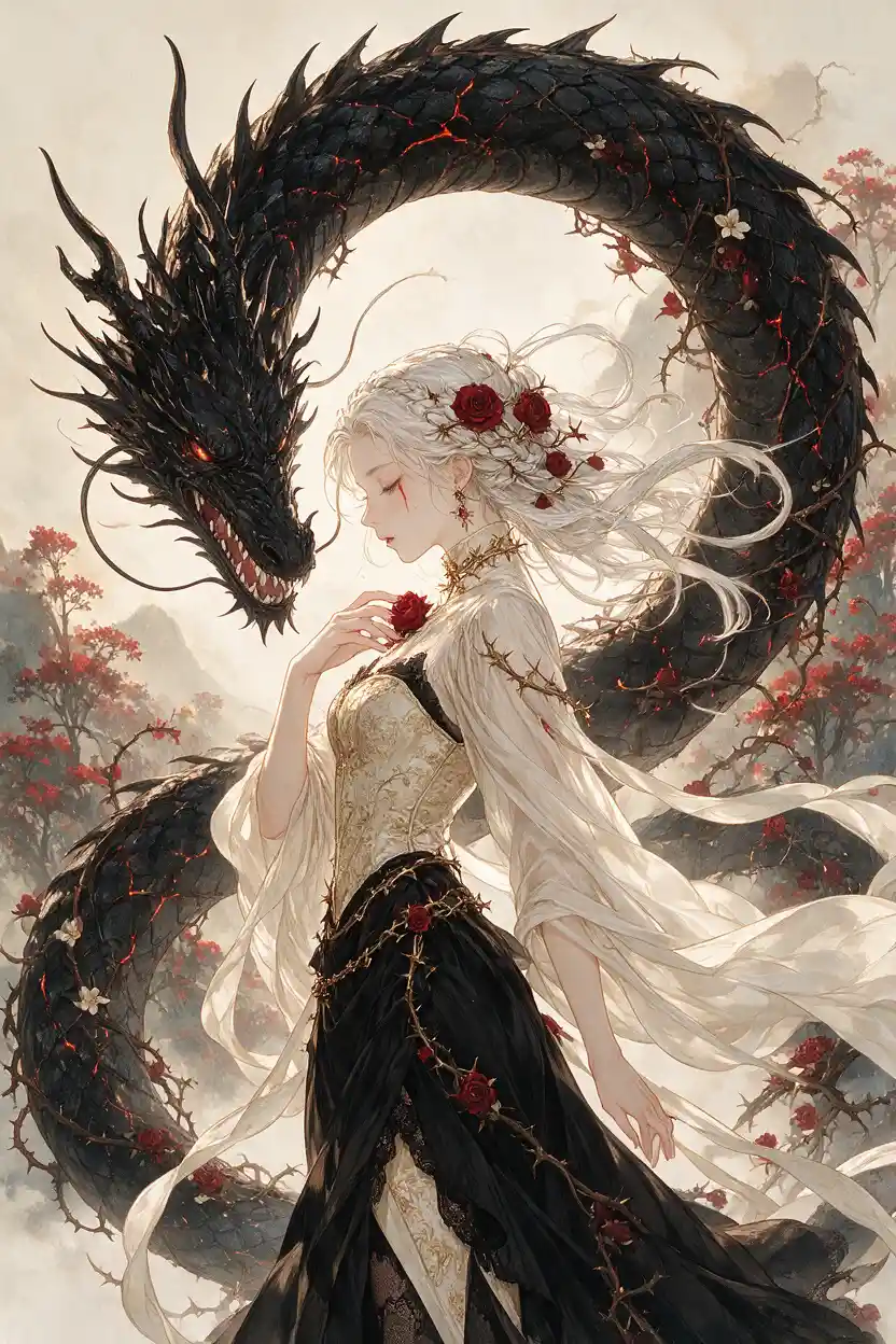 Ethereal woman with roses and coiled dragon behind her