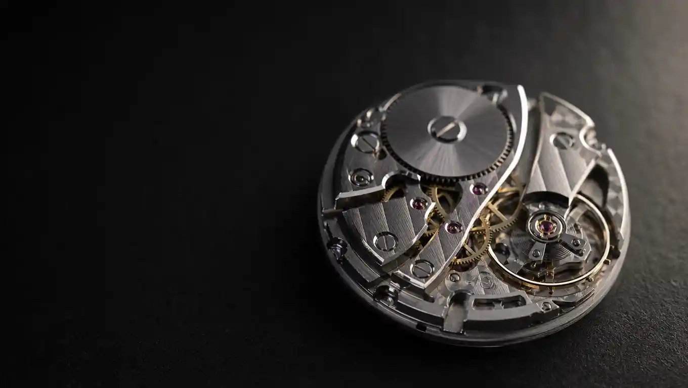 Estudio macro de movimiento de reloj mecánico de lujo sobre fondo oscuro