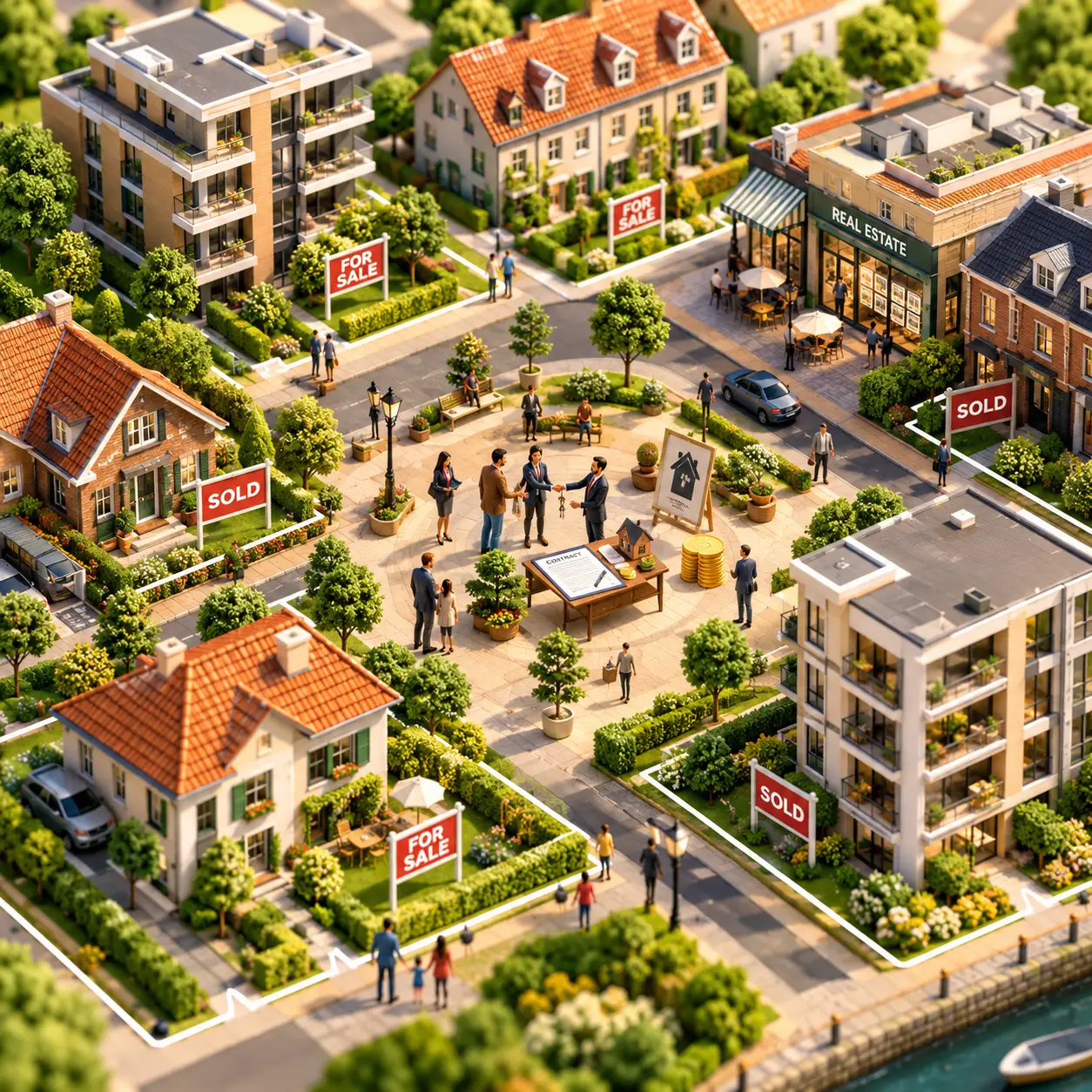 Isometric miniature city diorama of a busy real estate scene