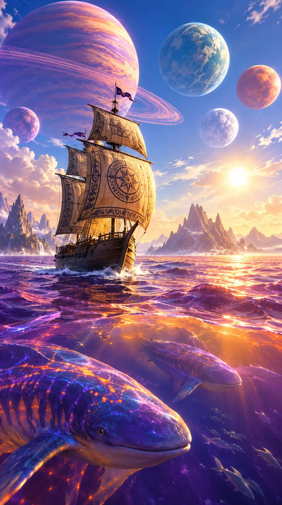 Ancien voilier traversant un océan extraterrestre surréaliste