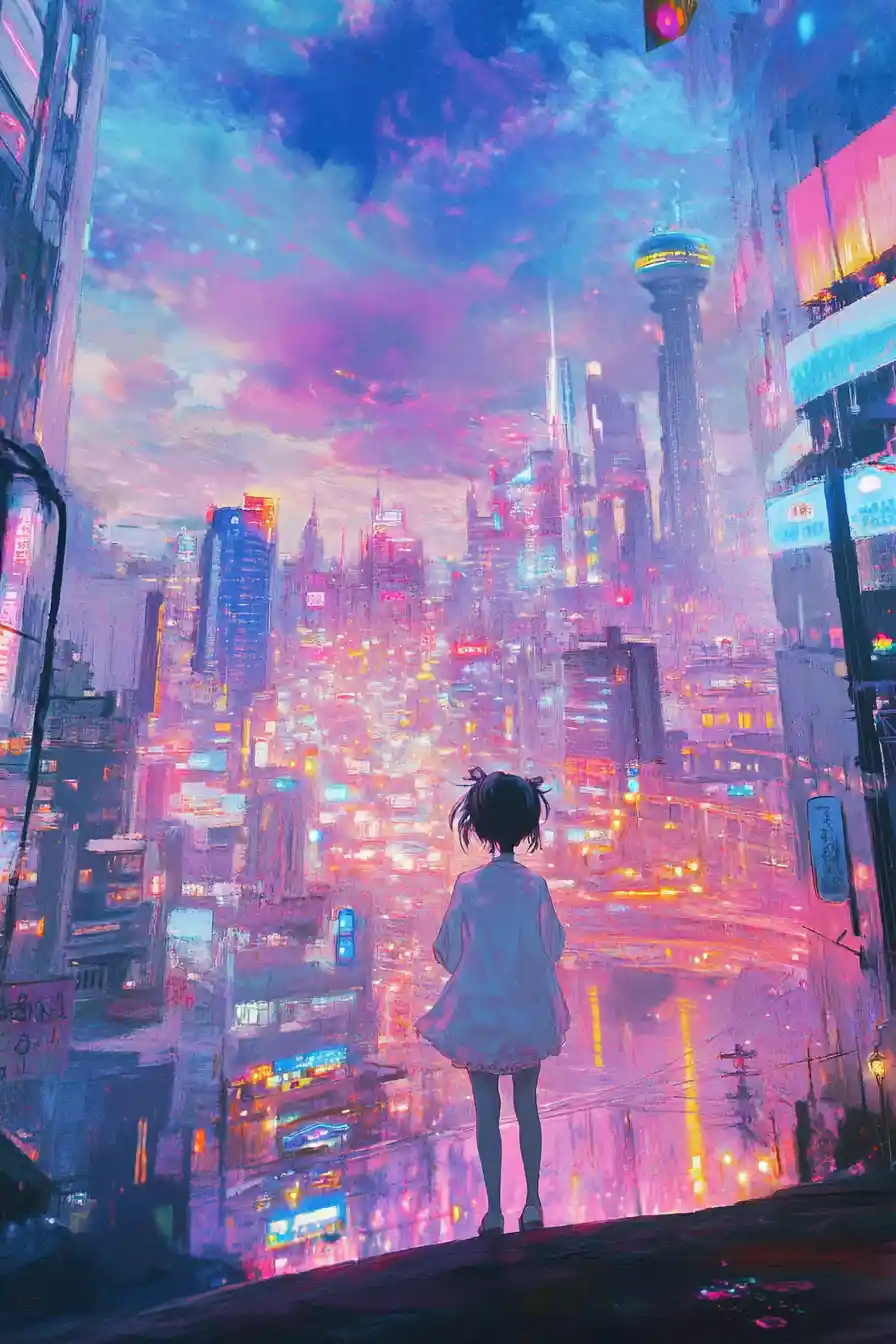 Whimsical anime surreal scene with pastel metallic shapes